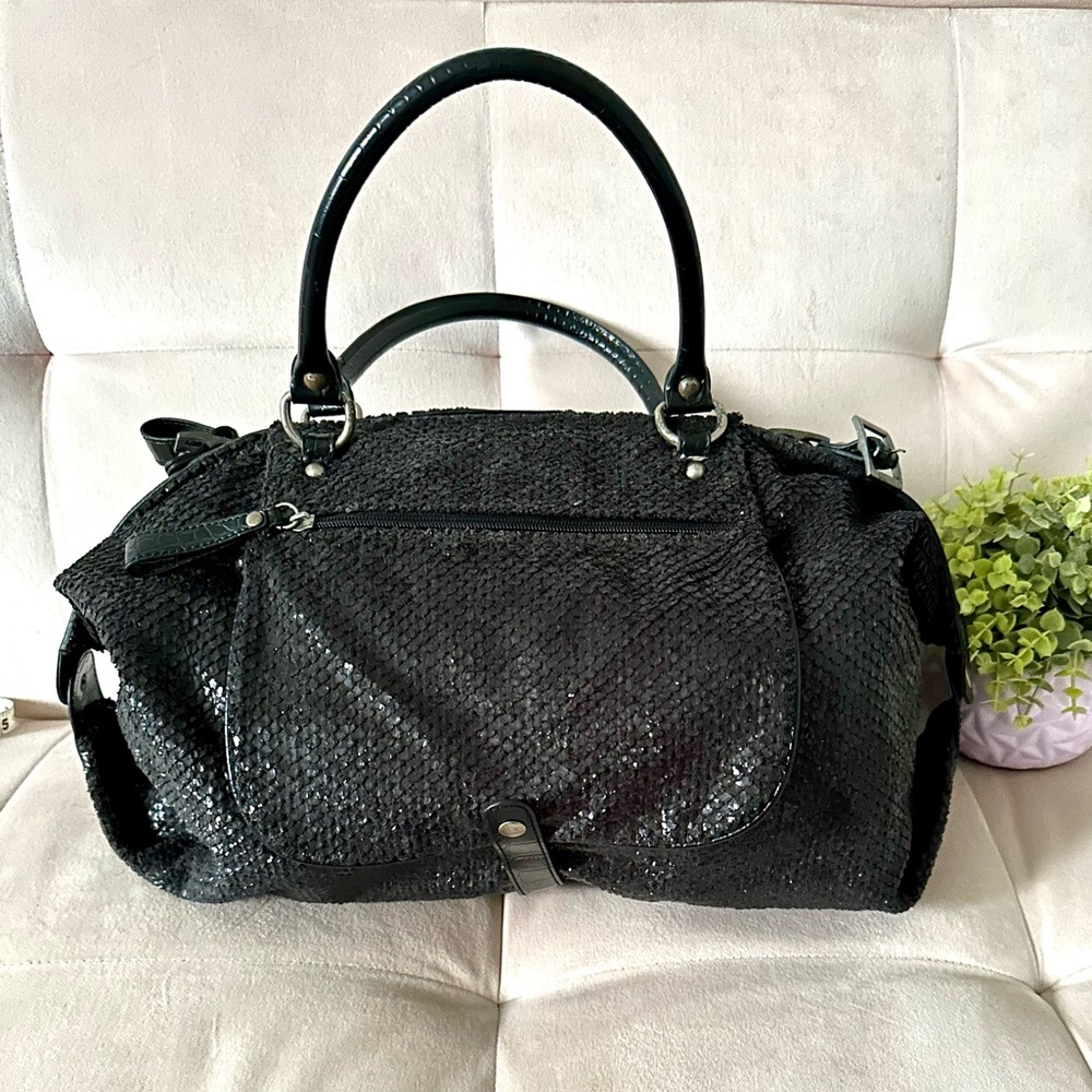 Large Sequin Handbag with Faux Leather Straps